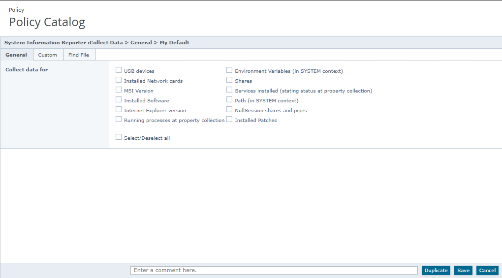 Policy Catalog screenshot showing the Collect Data General tab with a two-column list of checkboxes (system properties) on the right, tab labels (General, Custom, Find File) on the left, a Select/Deselect all checkbox, and Save / Cancel buttons visible at the bottom right.