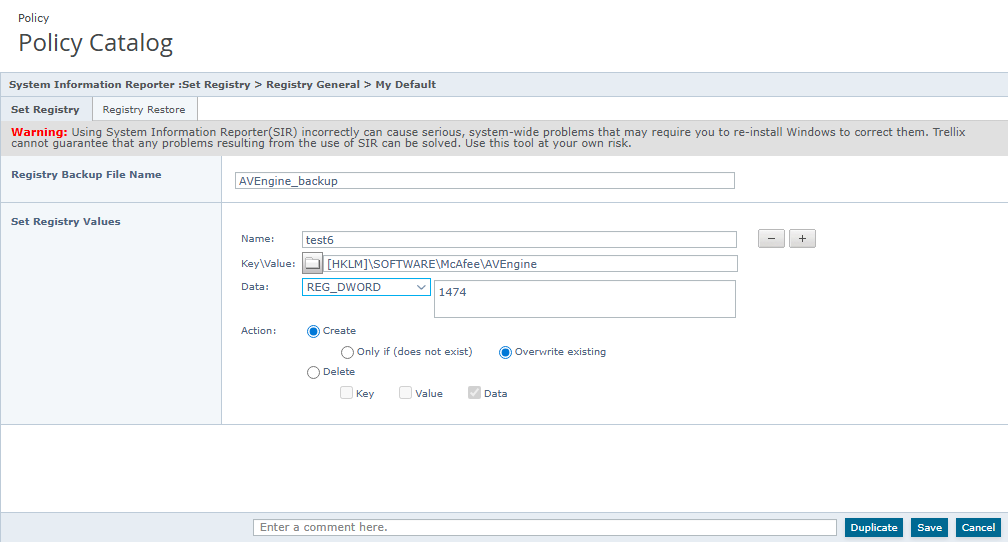 Screenshot of the Policy Catalog page showing the Set Registry wizard interface — includes a blue header bar for Set Registry | Registry Restore | Registry General, a warning panel about SIR risk, fields for Registry Backup File Name and Set Registry Values, registry key path [HKLM