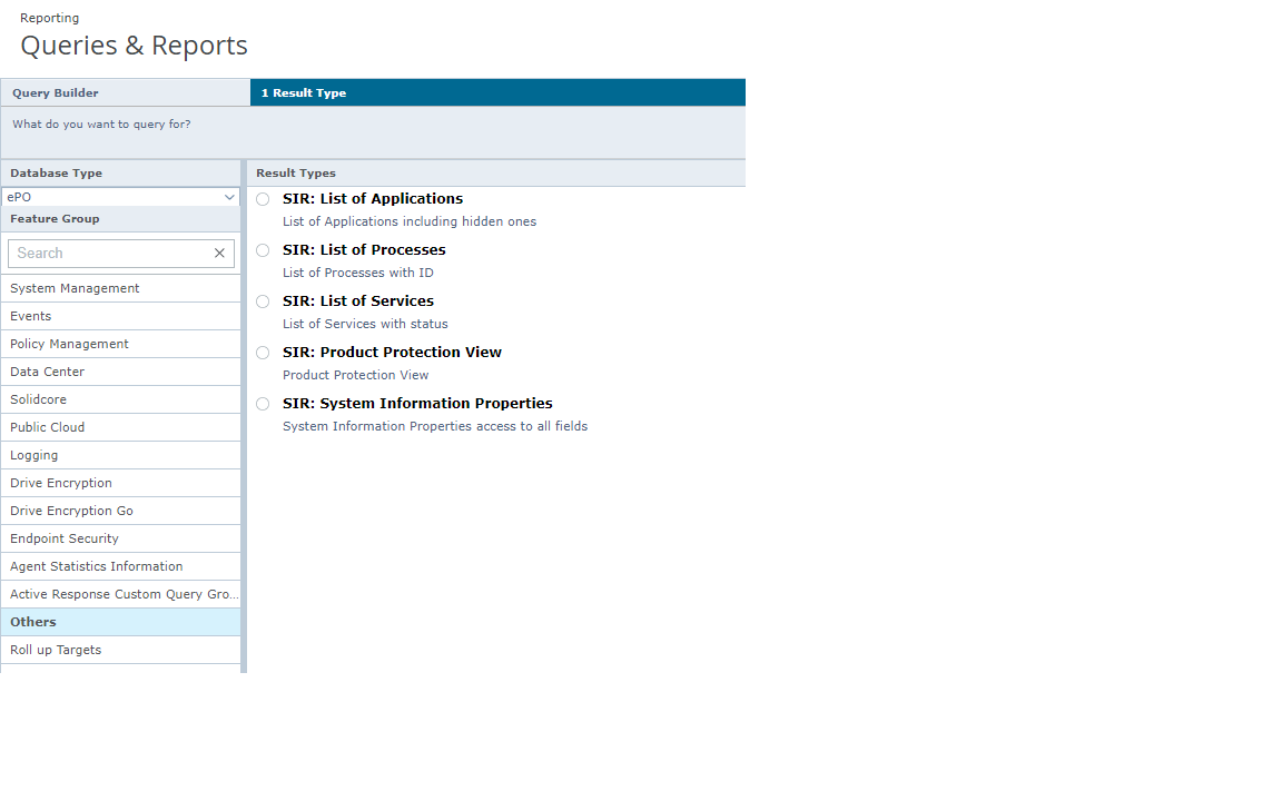 Screenshot of the Queries & Reports Query Builder showing the left Feature Group list and Result Types panel on the right.