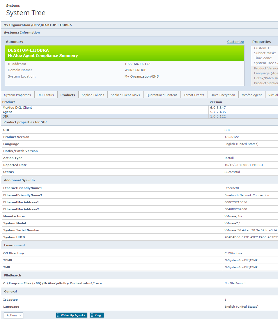A screenshot of the ePO System Tree and Product Properties panel showing the 'System Tree' header, a green 'McAfee Agent Compliance Summary' banner, and the Products table with product versions and the Properties pane on the right.