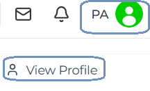 Screenshot of top-right user area showing envelope and bell icons and a circular avatar with initials and green presence indicator; a View Profile button shown below.