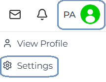 Avatar dropdown showing envelope and notification icons, a circular user avatar labeled PA, the dropdown menu with View Profile, and a Settings button highlighted with a gear icon.