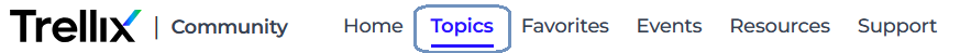 Trellix site header navigation with Topics tab highlighted