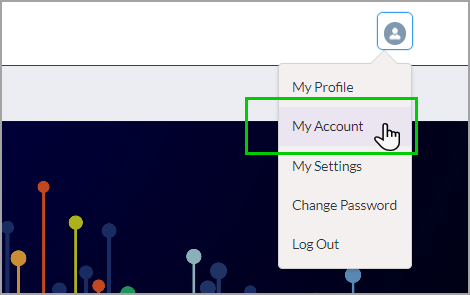 Screenshot of application header showing a user avatar in the top-right; a dropdown menu is open with the My Account option highlighted by a green box and a hand cursor pointing to it.