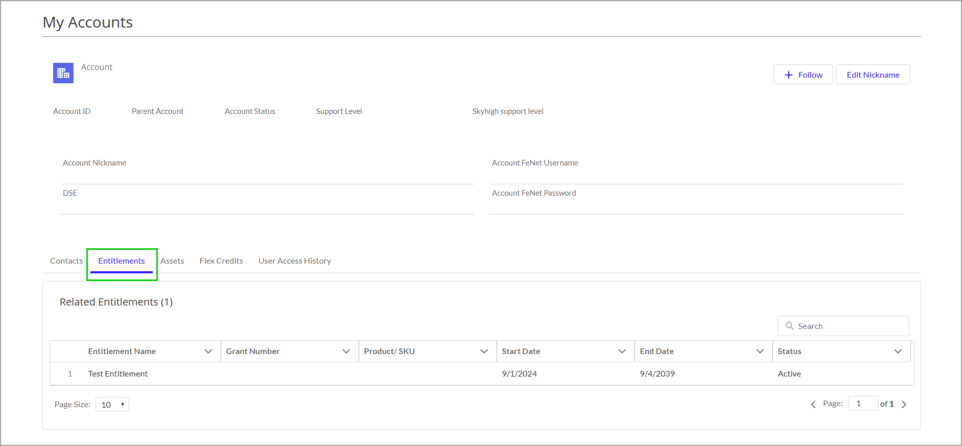 Screenshot of the Entitlements tab within an account view showing the entitlements table with columns such as Entitlement Name, Grant Number, Product/SKU, Start Date, End Date, and Status; the Entitlements tab is highlighted.
