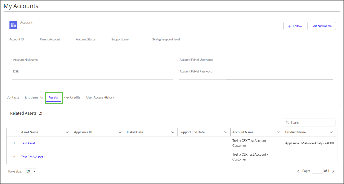 Screenshot of My Accounts page showing account details and the Assets tab highlighted; a Related Assets table is visible within the account view.