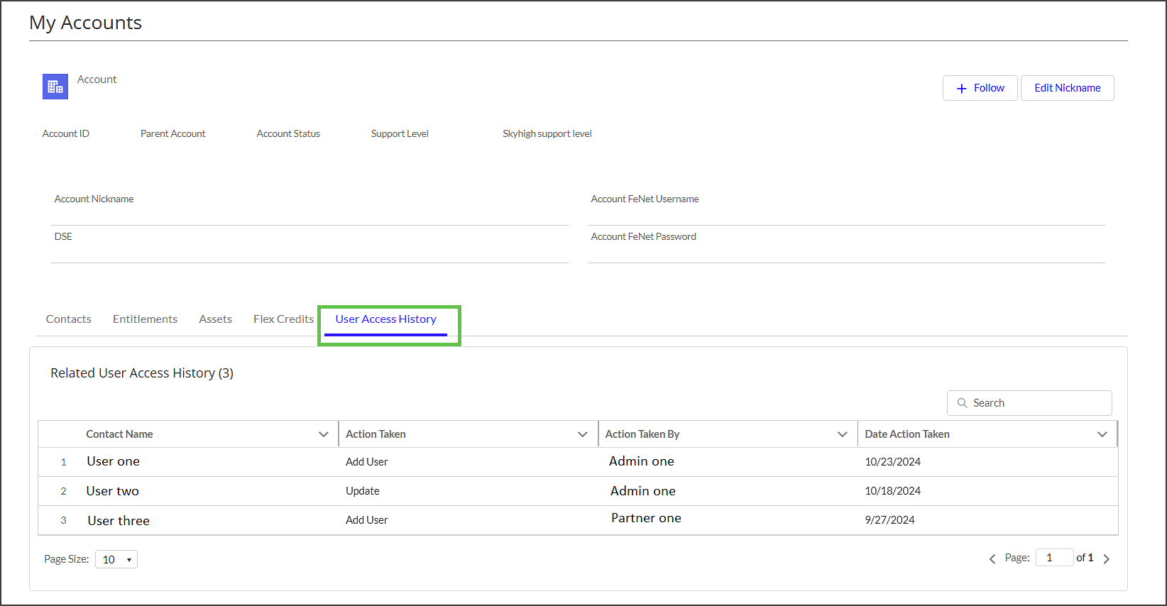 Screenshot of the My Accounts page showing the User Access History tab and a table of related user access history entries with columns Contact Name, Action Taken, Action Taken By, Date Action Taken