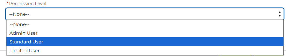 Dropdown menu showing permission level options with Standard User highlighted/selected