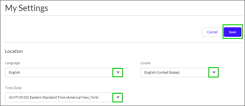 Screenshot of a My Settings panel showing Language, Locale, and Time Zone dropdowns and a highlighted Save button.