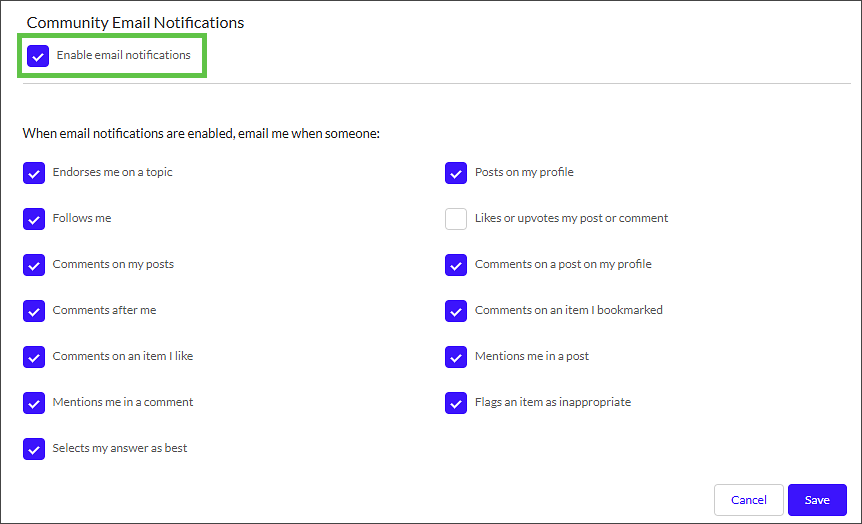 Community Email Notifications dialog box showing a settings panel with many purple checked checkboxes on the left and right columns, a highlighted Enable email notifications checkbox at top-left, and Cancel and Save buttons at the bottom-right.
