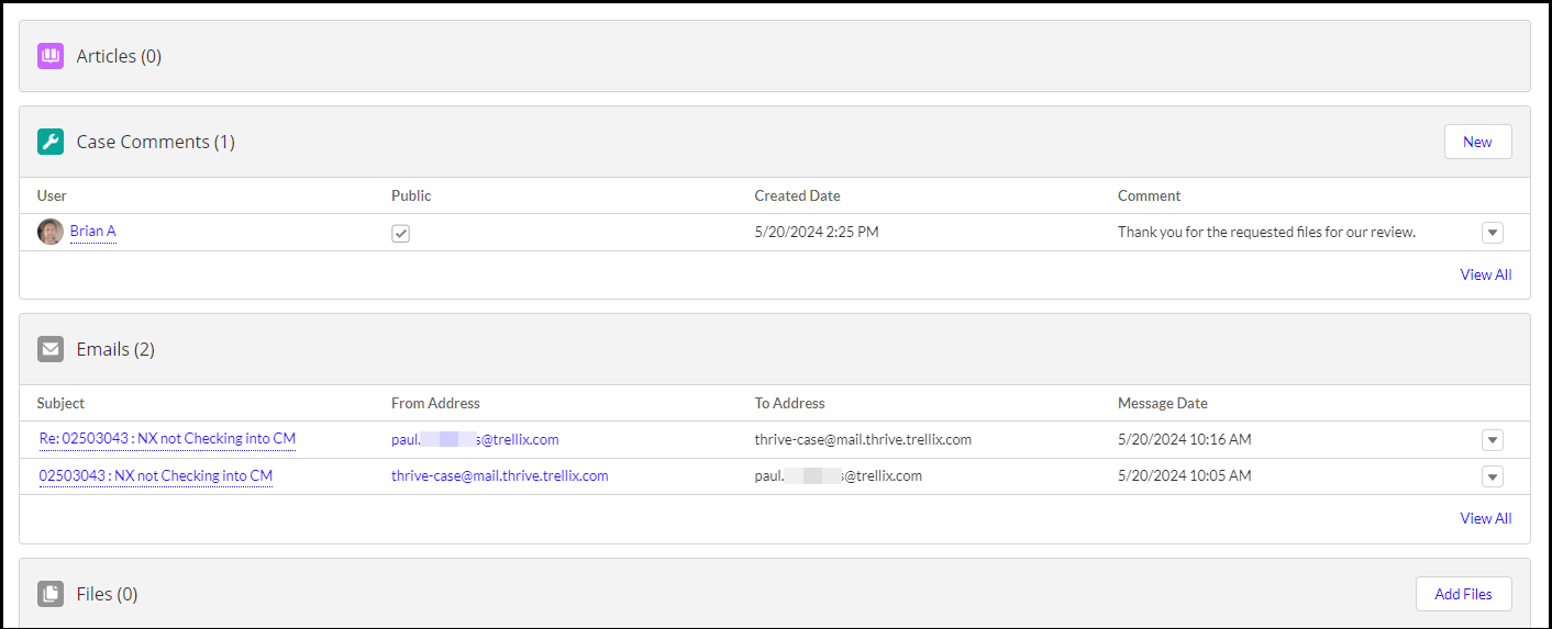 Trellix Support case detail page showing sections for Articles, Case Comments, Emails, and Files with user comments and email threads visible.