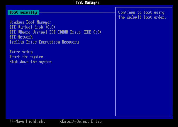 Boot Manager blue BIOS-style menu screenshot showing boot options; Boot normally highlighted on the left and Trellix Drive Encryption Recovery listed among boot entries.