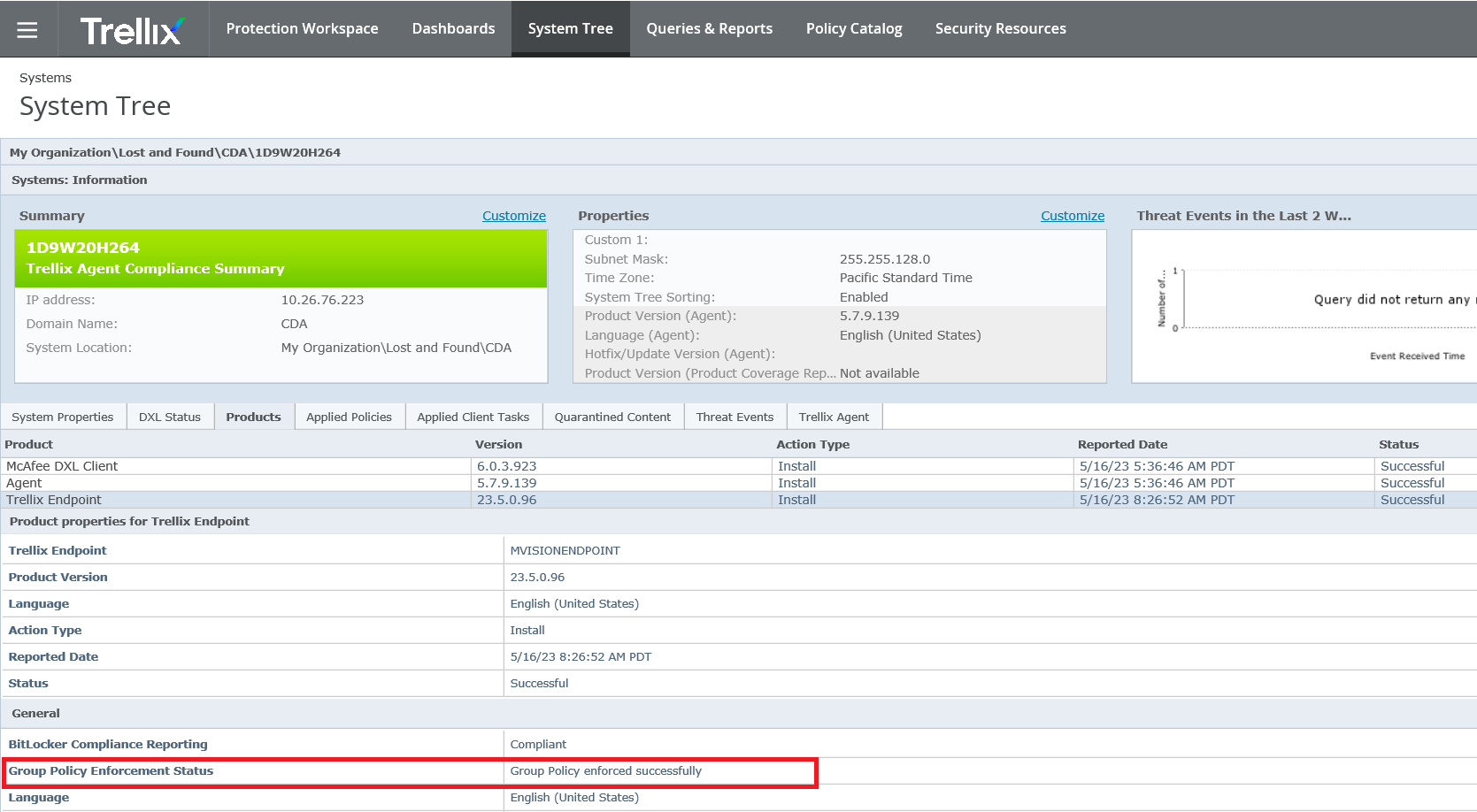 Trellix ePO System Tree screenshot showing the System Tree summary and the Group Policy Enforcement Status row highlighted in red