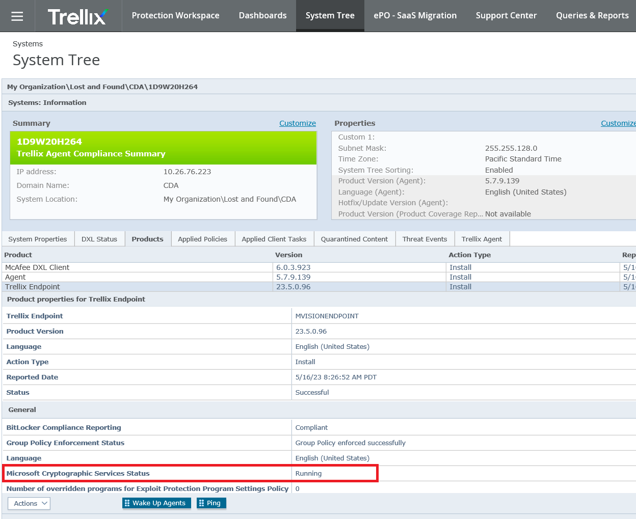 Screenshot of Trellix ePolicy Orchestrator System Tree page showing summary, properties, and product information. The Microsoft Cryptographic Services Status row is highlighted and shows the status as Running.