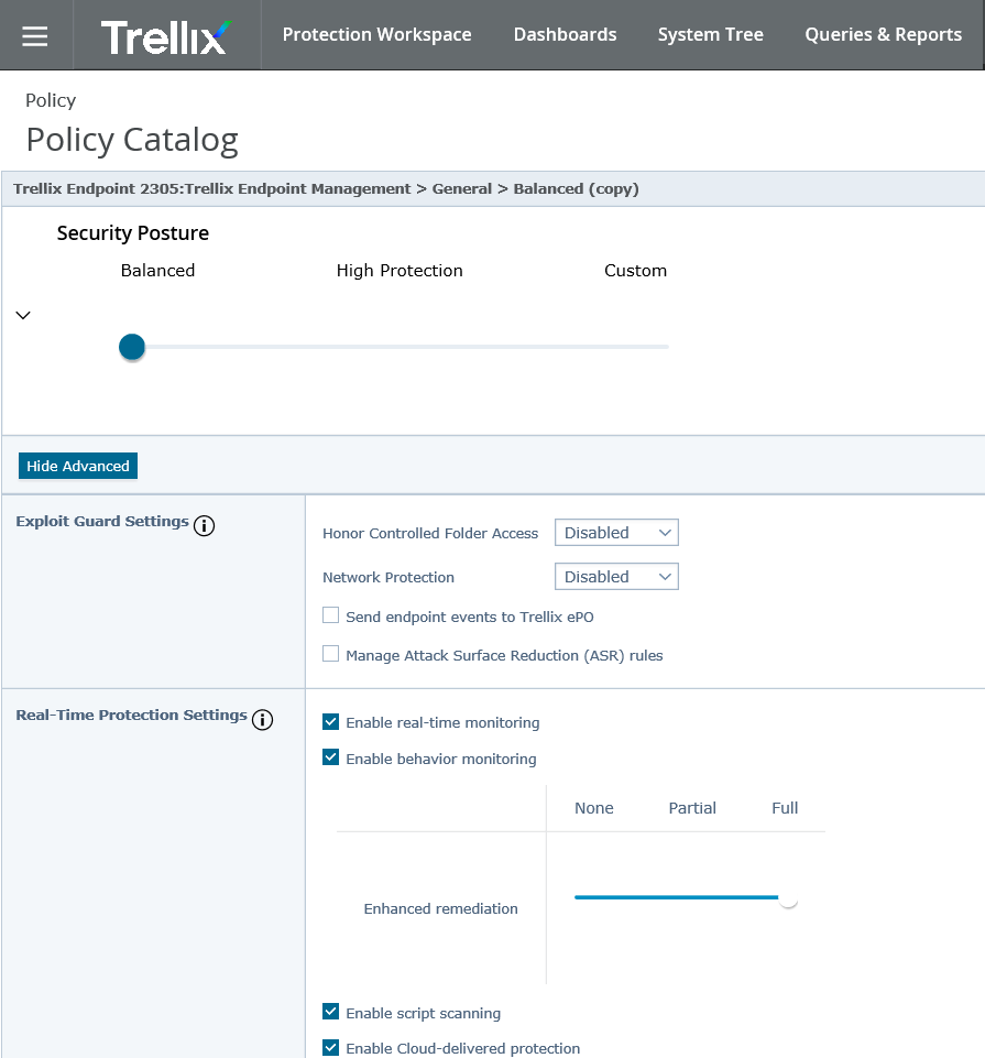 Trellix Policy Catalog user interface showing the header, Security Posture slider, Exploit Guard Settings, and Real-Time Protection Settings panels