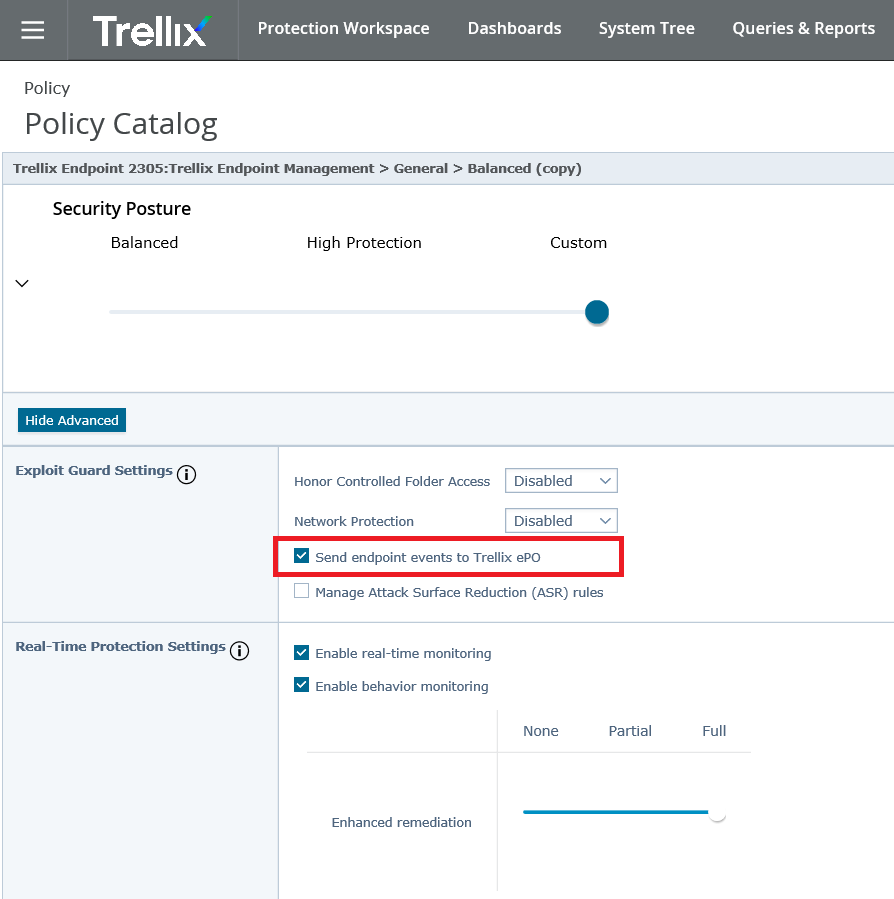 Screenshot of Trellix Policy Catalog showing Security Posture slider and Exploit Guard Settings. The Send endpoint events to Trellix ePO checkbox is visible and highlighted with a red outline in the screenshot.