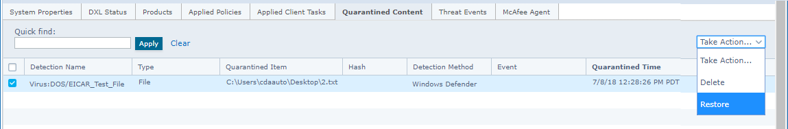 Screenshot of the ePO Quarantined Content tab showing a table of quarantined items (columns include Detection Name, Type, Quarantined Item, Hash, Detection Method, Event, Quarantined Time) and the 'Take Action' dropdown open with options including Delete and Restore.