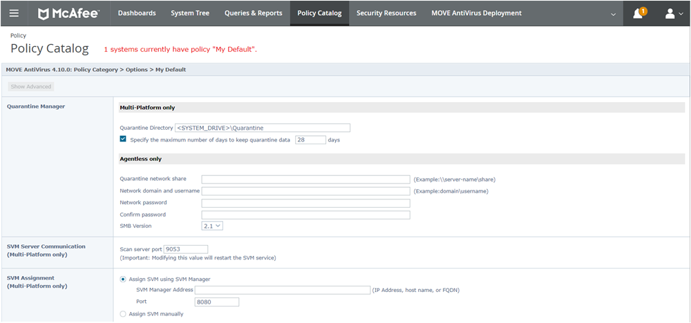 Policy Catalog Quarantine Manager settings screenshot showing Quarantine Manager, Multi-Platform only and Agentless only fields and SVM configuration sections
