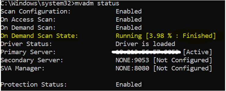 Console output of mvadm status showing scan configuration enabled; On Access Scan: Enabled; On Demand Scan: Enabled; On Demand Scan State: Running [3.98 % : Finished