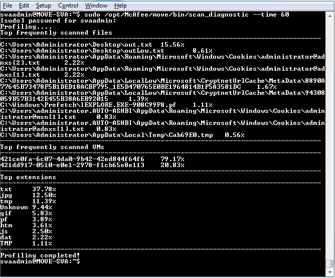 Terminal window showing MOVE scan_diagnostic output listing frequently scanned files, top frequently scanned VMs, and top file extensions in a black console window