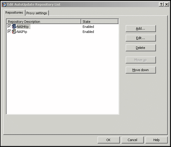 Edit AutoUpdate Repository List dialog window showing tabs Repositories and Proxy settings; a repository list with entries such as NAIHttp and NAIFtp and a State column showing Enabled; buttons on the right labeled Add..., Edit..., Delete, Move up, Move down; and action buttons along the bottom labeled OK, Cancel, Help
