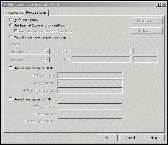 Dialog box titled Edit AutoUpdate Repository List showing 'Repositories' and 'Proxy settings' tabs, radio options for using or manually configuring proxy, address and port fields for HTTP/FTP, and authentication checkboxes and fields