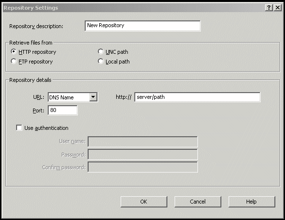 Screenshot of the Repository Settings dialog box showing fields and options - Repository description, Retrieve files from radio buttons (HTTP repository, FTP repository, UNC path, Local path), Repository details with URL and Port fields, Use authentication checkbox with User name, Password and Confirm password fields, and OK / Cancel / Help buttons.