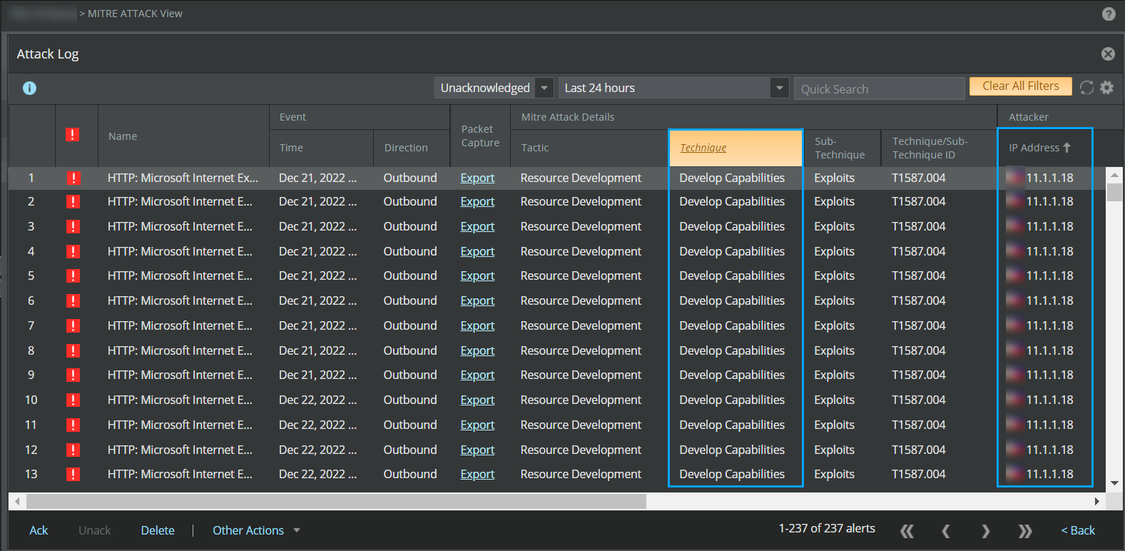 Attack Log page view with technique and IP filter