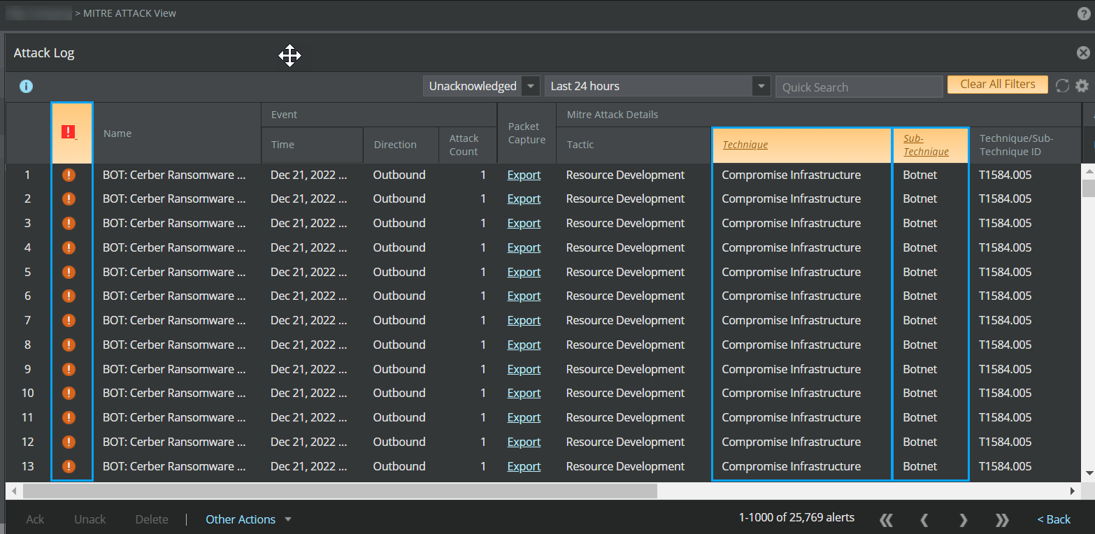 Attack Log page view with technique, sub-technique and attack severity filter