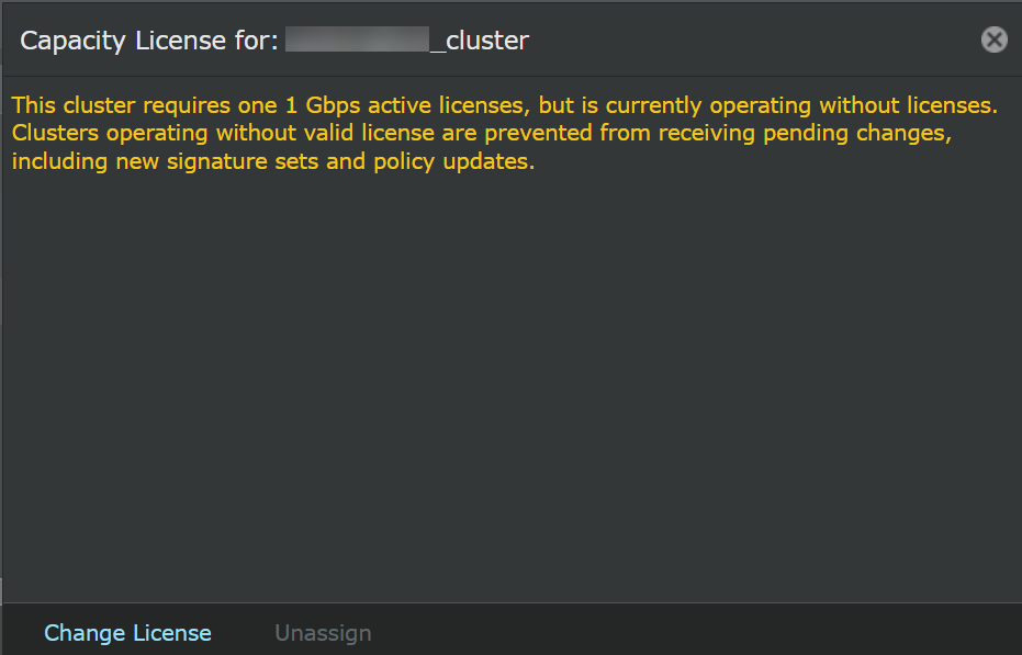 Capacity license for: <Cluster_Name> window: No licenses