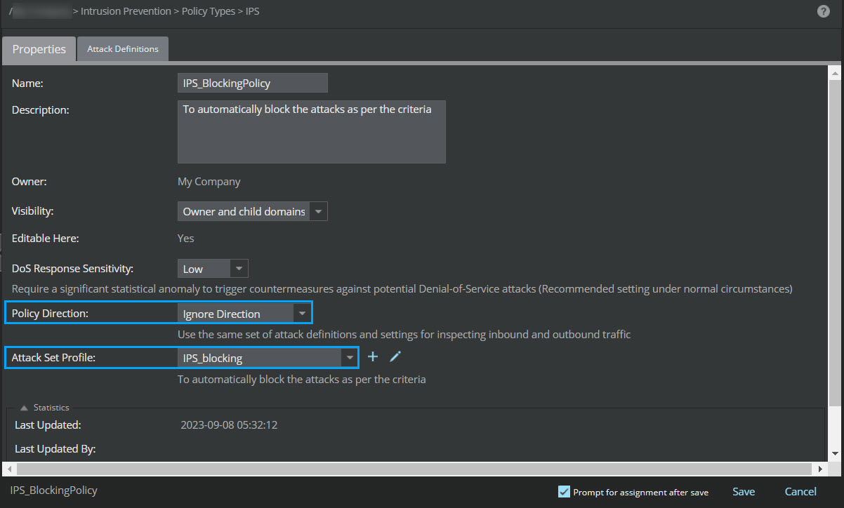 Using the selected attack set profile in the IPS policy