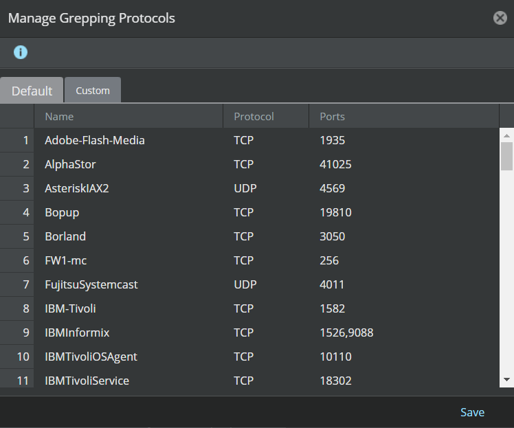 Manage Grepping Protocols window