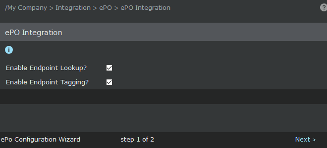 Enable ePO Integration area