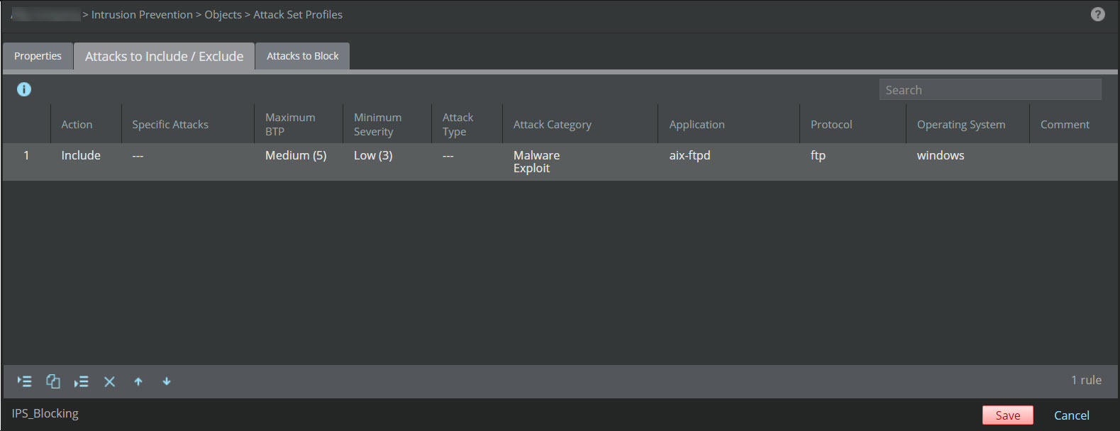 Attacks to Include/Exclude tab