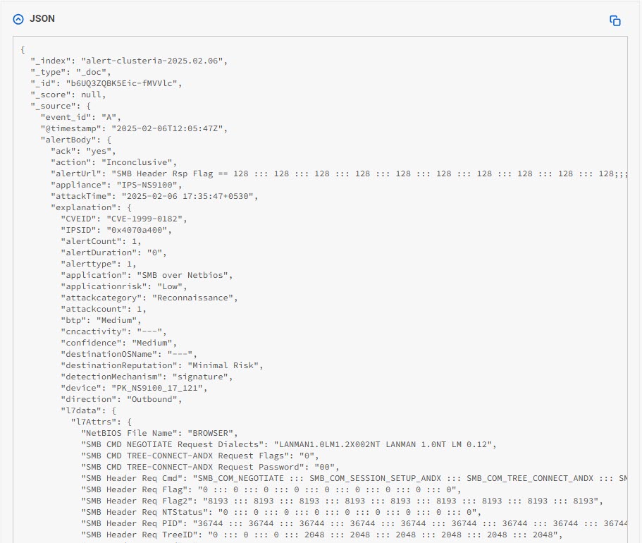 A sample JSON file format of an alert entry on NI