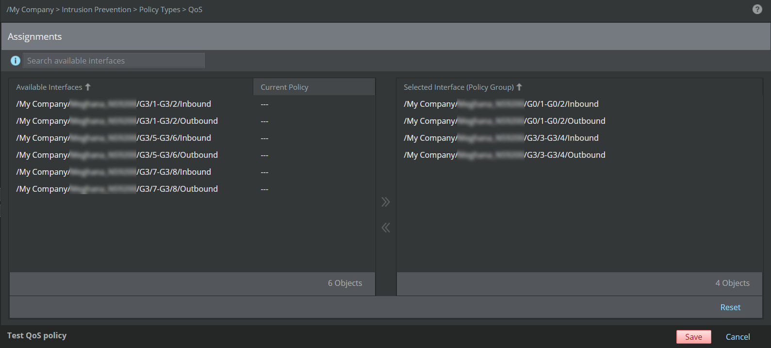Assignments page for a QoS policy
