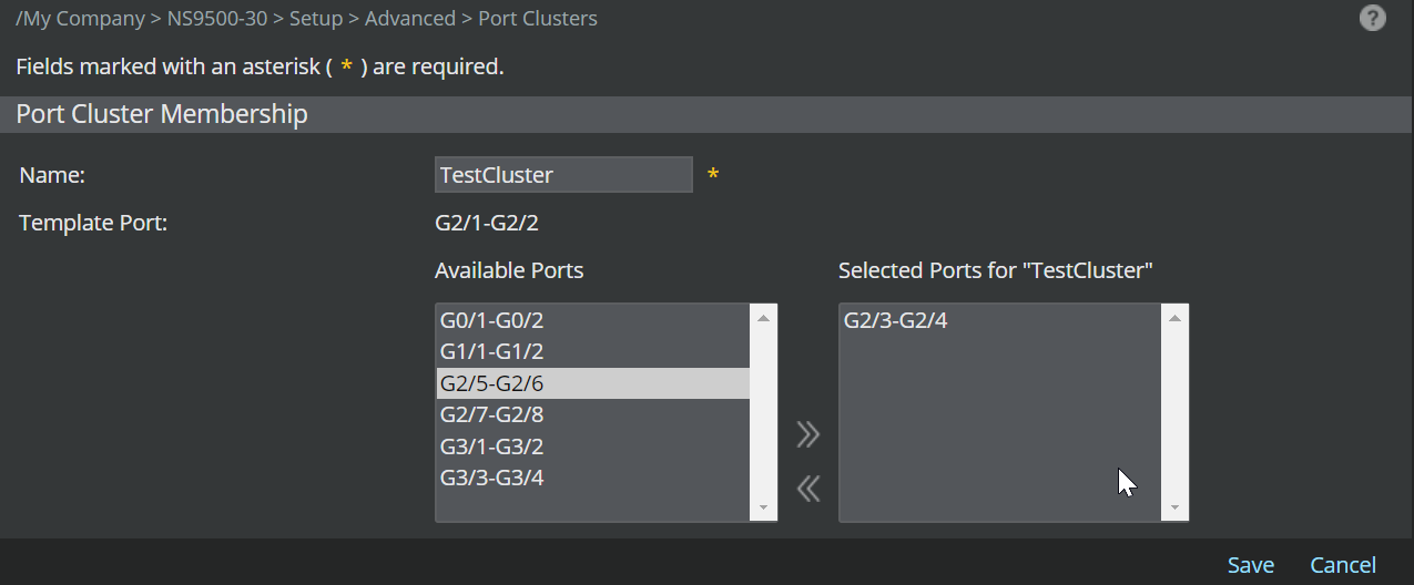 Add/Delete Interfaces To Port Cluster Member dialog