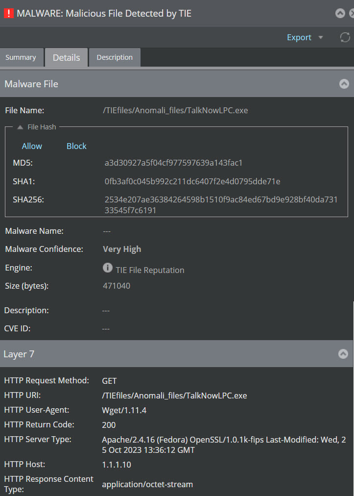 Malware Details panel, Alert Details window