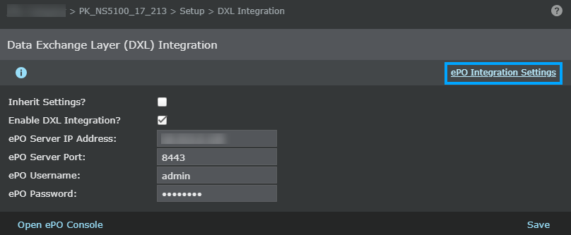 Trellix DXL integration for a device shows settings specific to it