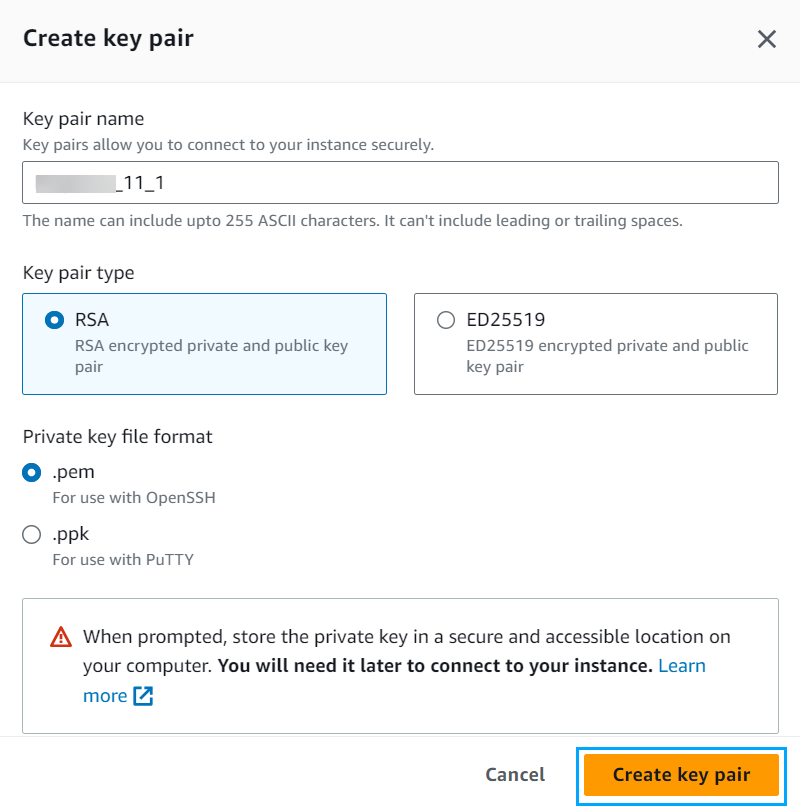 Create key pair dialog box