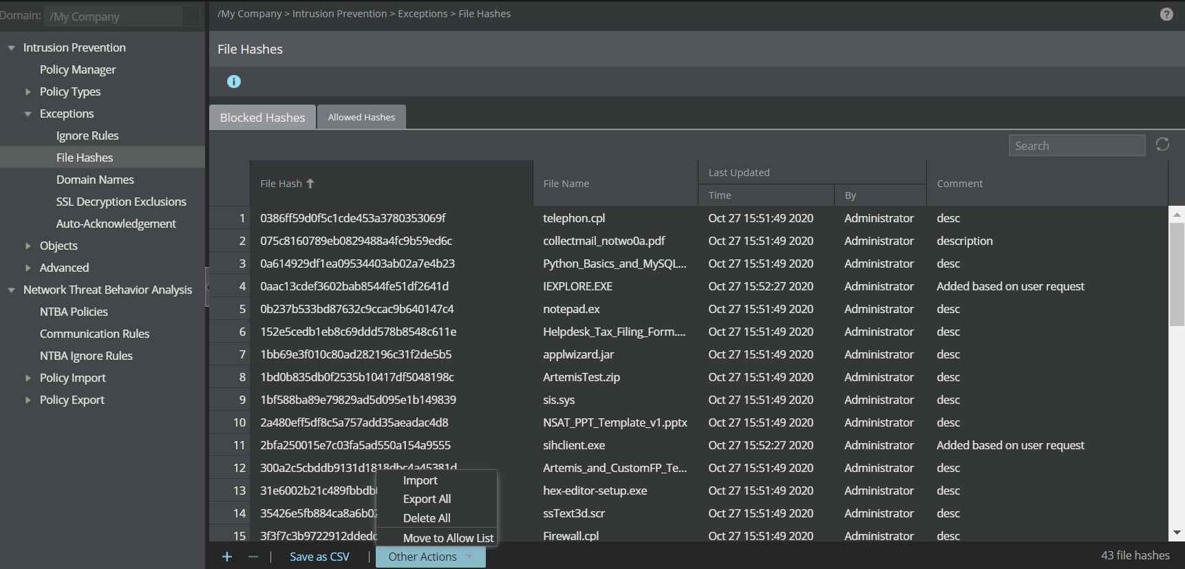 Moving a selected hash to the allow list