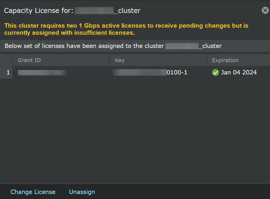 Capacity license for: <Cluster_Name> window: Insufficient licenses