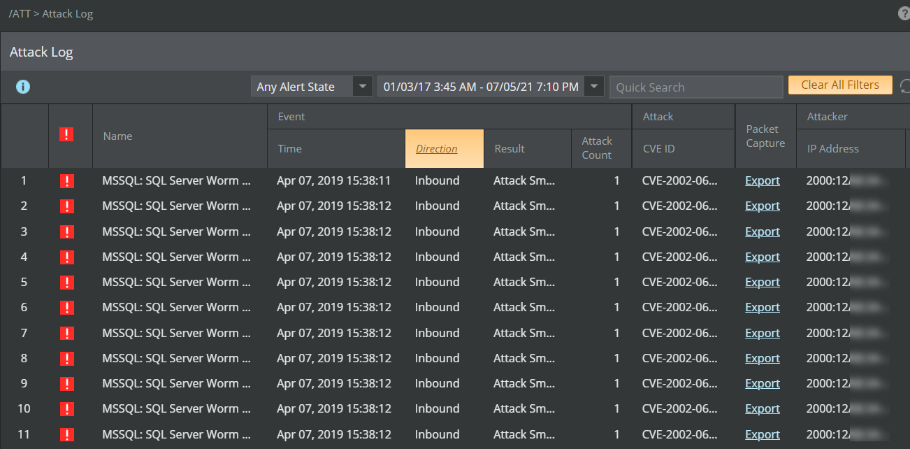 Alerts grouped in Inbound direction