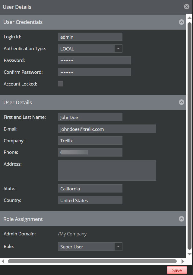 User Details panel