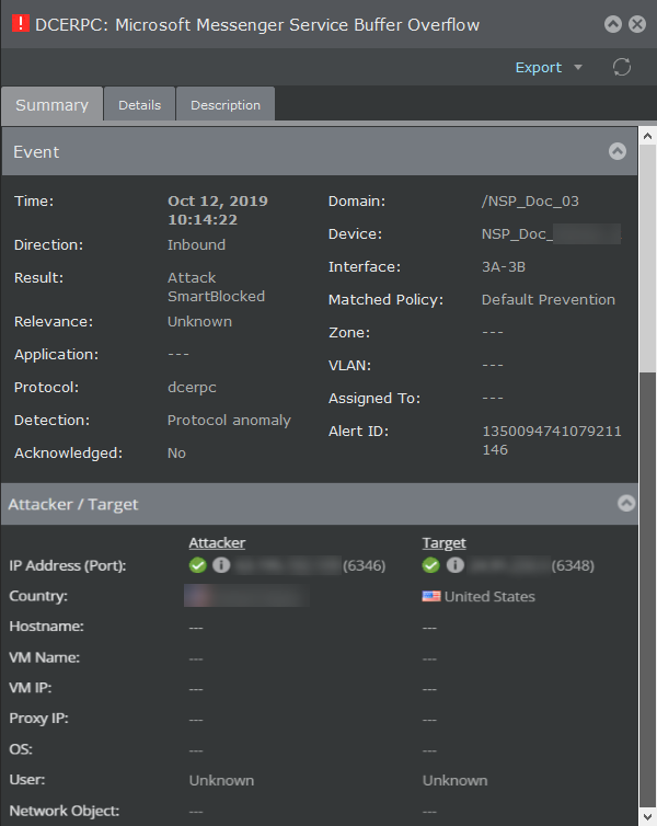 The inner attacker and target IP address as displayed in the alert