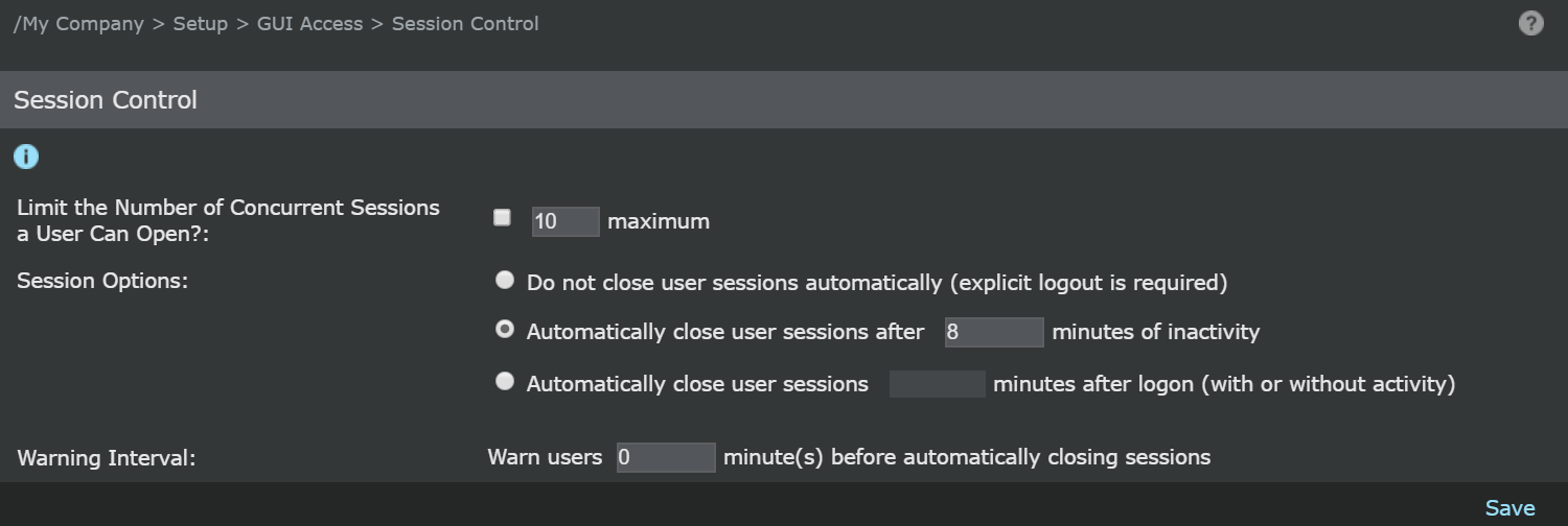 Inactivity timeout duration and message setup