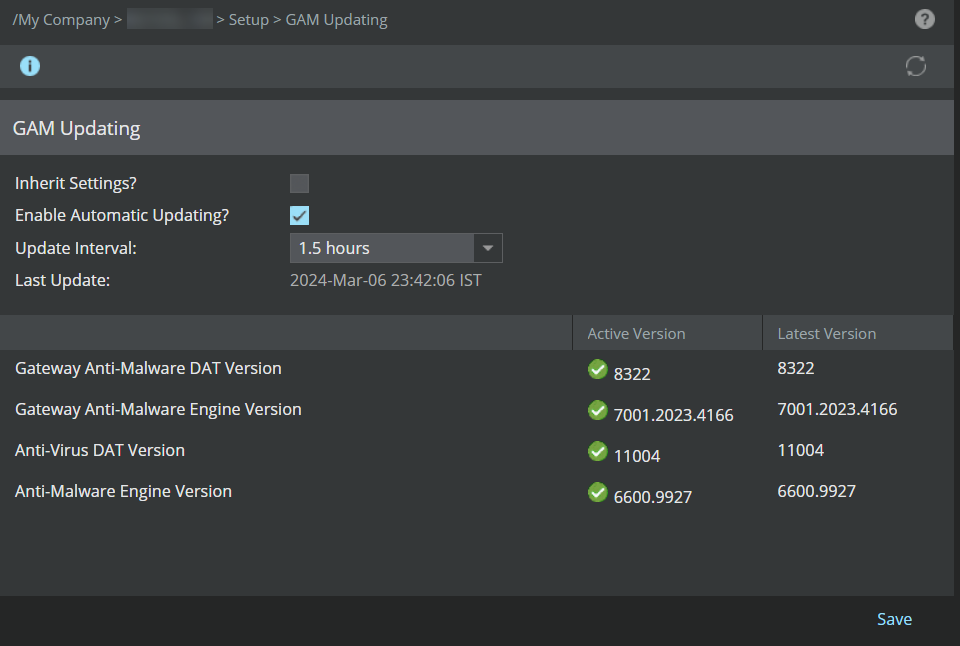 GAM Updating page shows versions for individual items