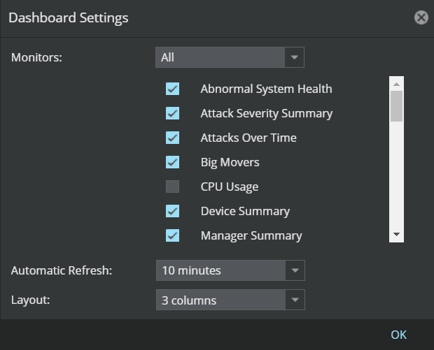 Dashboard Settings dialog