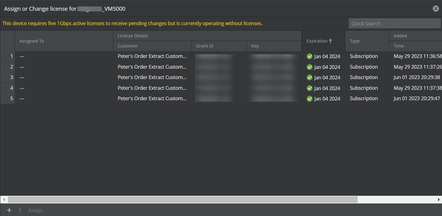 Assign or Change license for <Device Name> window