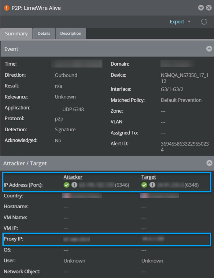 Proxy server in the alert details panel